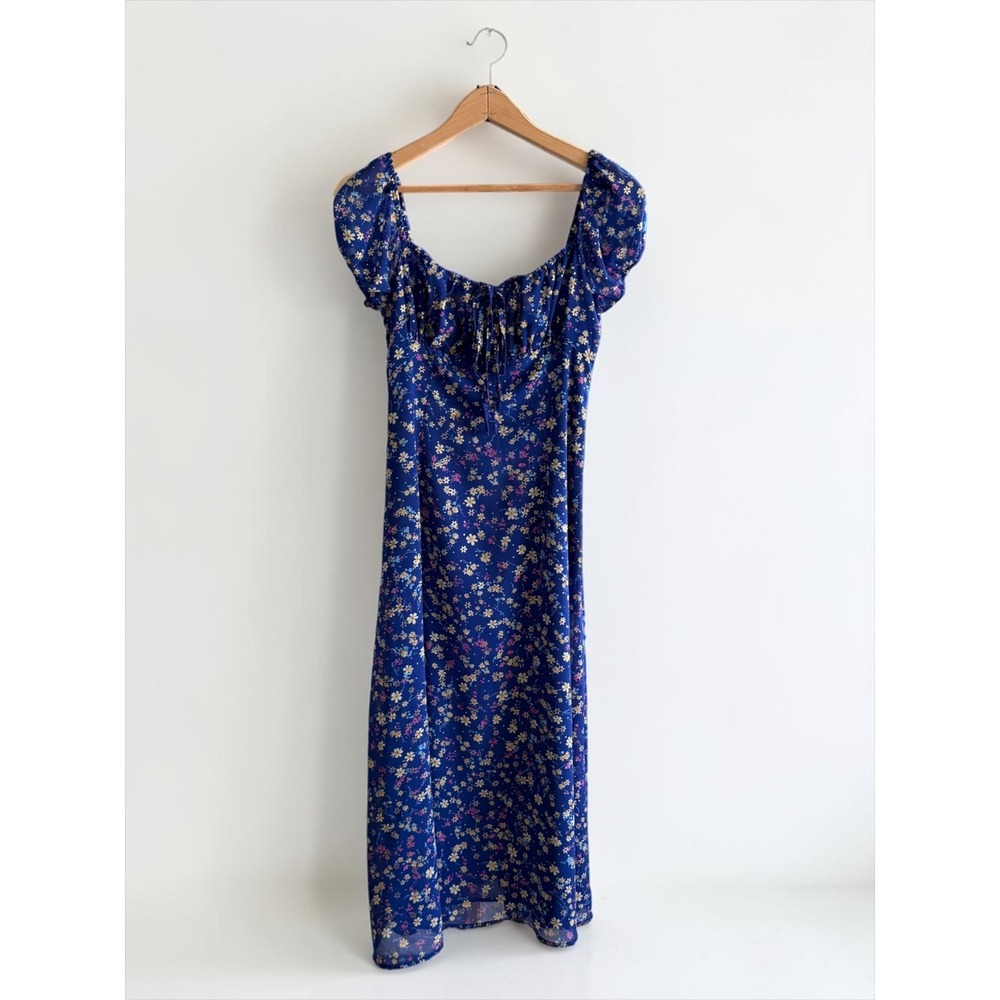 Commense Blue Floral Milkmaid Midi Dress Short Puff Sleeve Smocked Back Small
